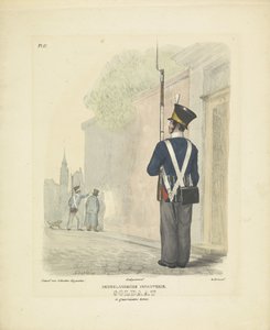 Żołnierz w stroju garnizonowym, 1820-1825 Piechota holenderska. Żołnierz w mundurze partyzanckim (tytuł na obiekcie) Stroje wojskowe Królestwa Niderlandów. Dedykowane Jego Ekscelencji Willemowi van Bylandtowi (tytuł serii na obiekcie)