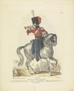 Trębacz w pełnym mundurze Trębacz w wielkim mundurze, 1820-1825 Holenderska kawaleria. Trębacz Smoków Ligte. w pełnym mundurze (tytuł na obiekcie) Stroje wojskowe Królestwa Niderlandów. Dedykowany Jego Ekscelencji Wilhelmowi B