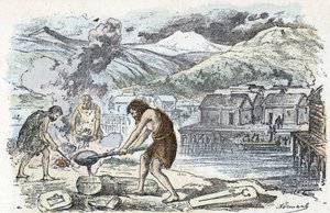 Prehistoria, epoka brązu: warsztat odlewniczy w pobliżu osady domów na palach Rycina z „” La nature et l