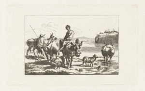Krajobraz z pasterką na mule i pasterzem z krowami autorstwa A. Dickhof (signed by artist)