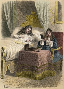 Ludwik XIV, król Francji, lubił słuchać, jak Jean Racine czytał i sprowadzał go, gdy był chory. Grawerowanie A. Duruy w „Ilustracjach literackich Francji”; złota, Anegdotyczna galeria naszych głównych autorów zainteresowanych ich czynami i ich inskrypcjami
