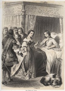 Madame Deshoulieres, Antoinette Ligier de La garde (1637-1694) przytłoczona pytaniami swojej świty po nocy spędzonej w strachu przed duchem. Grawerowanie A. Duruy w „”Illustration litteraires de la France; lub Galerie anegdotique de nos pr