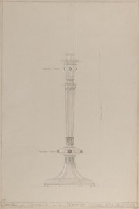 Kaplica Rycerska: proponowany srebrny świecznik (ołówek, atrament, pędzel, toaleta i srebrna farba na szarej karcie) autorstwa A. Edward Jones and Co.