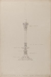 Kaplica dla dzieci: proponowany srebrny świecznik, rzeczywisty rozmiar (ołówek, atrament, pędzel, toaleta i srebrna farba na szarej karcie) autorstwa A. Edward Jones and Co.