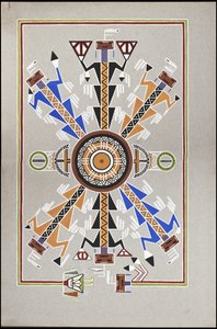 Rysunki przedstawiające miejsce pochówku „Cadence”, Indianina Chippewa „Medyka”, obraz piaskowy Navajo i kamienne obrazy Wrony autorstwa A. Grossman