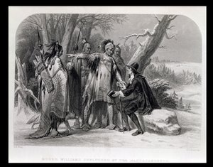 Roger Williams chroniony przez Narragansettów, 1636, z „Historii Stanów Zjednoczonych”, tom. I, Charles Mackay, grawerowane przez James Charles Armytage (c.1820-97) autorstwa A. H. Wray