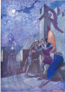 „Wyrywając się z nich, Hamlet podążał tam, gdzie prowadził duch”, z Tales from Shakespeare pub. przez Ward Lock & Co Ltd, 1930-40 "s