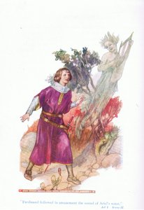 Ferdinand ze zdumieniem podążył za dźwiękiem głosu Ariela (Burza), z Opowieści z pubu Shakespeare. przez Ward Lock & Co Ltd autorstwa A. Jackson