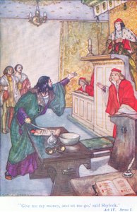 „Daj mi pieniądze i pozwól mi odejść” – powiedział Shylock (Kupiec wenecki) z pubu Tales from Shakespeare. przez Ward Lock & Co Ltd