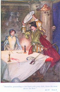 Petruchio, udając, że doznaje winy w każdym daniu, cisnął o podłogę mięsem (Poskromienie złośnicy) z pubu Tales from Shakespeare. przez Ward Lock & Co Ltd autorstwa A. Jackson