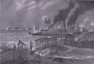 Zniszczenie stoczni w Bari (Włochy) przez austro-węgierskie niszczyciele torpedowe, z Ilustrowanej Historii Wojny Światowej 1914-1915 wyd. przez Union Berlagsefellfchaft autorstwa A. Kircher
