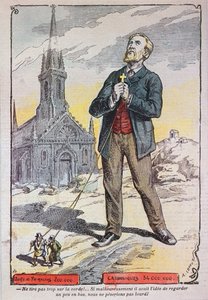 Karykatura z katolickiego czasopisma „Le Pelerin”, nawiązująca do polityki laicyzacji rządu francuskiego na początku XX wieku, ok. 1902-05