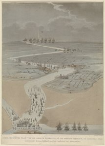 Widok z lotu ptaka na zachodnią Skaldę z flotą angielską, holenderską i francuską, 1809 Malowniczy plan wielkiej wyprawy na Skaldę Zachodnią w sierpniu 1809 r. (tytuł na obiekcie)