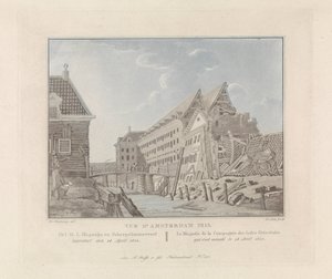 Widok na zawalony magazyn morski w Indiach Wschodnich w Amsterdamie, 1822 O.I. Magazyn i Stocznia / Le Magasin de la Compagnie des Indes Orientales (tytuł na obiekcie) Widoki Amsterdamu (tytuł serii)