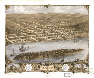 Widok z lotu ptaka na miasto Hermann, Gasconade Co., Missouri 1869. LOC 73693476 autorstwa A. Ruger