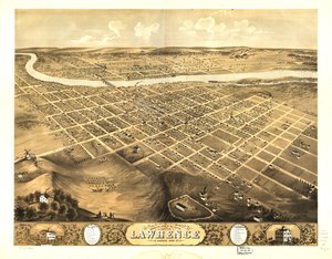 Widok miasta Lawrence w stanie Kansas z lotu ptaka, 1869 r. LOC 73693409