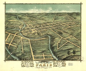 Widok miasta Paris z lotu ptaka, hrabstwo Bourbon, Kentucky, 1870 r. LOC 73693417