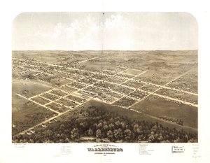 Widok z lotu ptaka na miasto Warrensburg, Johnson Co., Missouri, 1869. LOC 73693492 autorstwa A. Ruger