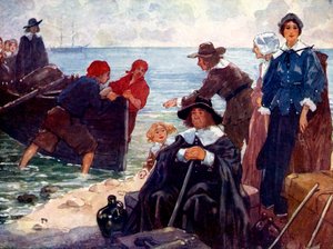 Grupa wygnańców cumuje na dzikim wybrzeżu Nowej Anglii, 1620, 1905. autorstwa A. S. Forrest