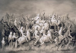 Chir Singh, Maharajah Sikhów i Król Pendżabu z jego orszakiem polującym w pobliżu Lahore, 1859 autorstwa A. Soltykoff