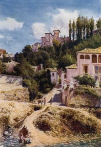 Alhambra, Torre de las Damas od rzeki Darro (kolor lito) autorstwa A. Trevor Haddon