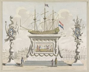 Handel i Żegluga, dekoracja na Nieuwmarkt, 1795 Dziesięć tabliczek z dekoracjami na Alliantiefeest w Amsterdamie w 1795 roku (tytuł serii) autorstwa A. Verkerk