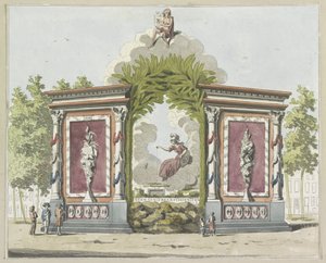 Sztuka i Nauka, dekoracja na Noordermarkt, 1795 Dziesięć tabliczek z dekoracjami na Alliantiefeest w Amsterdamie w 1795 roku (tytuł serii) autorstwa A. Verkerk