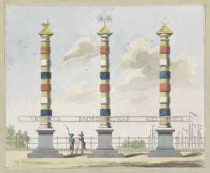 Wolność, braterstwo i równość, dekoracja na Hogesluis, 1795 Dziesięć tabliczek z dekoracjami na Alliantiefeest w Amsterdamie w 1795 r. autorstwa A. Verkerk