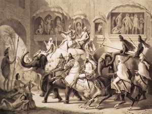 Ulica w Lahore, z Voyage w Indiach, rytowana przez Louisa Henri de Ruddera (1807-81) 1842 (podbarwiony lit) autorstwa A. after Soltykoff