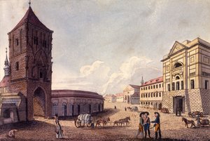 Brama Prochowa i Urząd Celny Hybern, Praga, ok. 1810 (kolorowa akwaforta)
