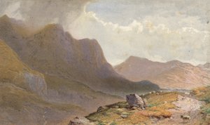 Scena między Capel Currg i Llyn Ogwen, u szczytu Nant Frangon, Północna Walia (chromolitografia)