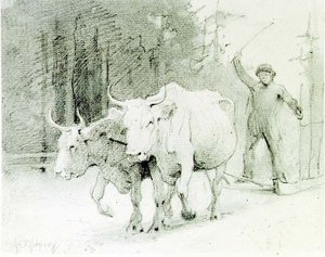 Francuski chłop prowadzący woły (węgiel na papierze) autorstwa Abbott Handerson Thayer