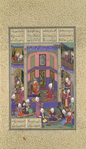 Manuchihr wita Sama, ale rozkazuje wojnę Mihrabowi, Folio 80v z Shahnama..., c.1525. autorstwa 