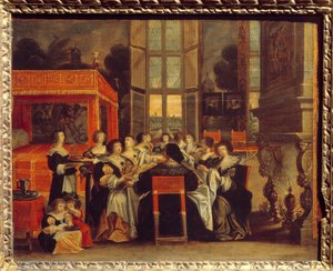 Rozmowa pań pod nieobecność mężów: Obiadowy obraz Abrahama Bosse (1602-1676) Egouen z XVII wieku. Narodowe Muzeum Renesansu
