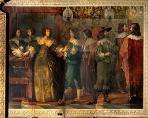 Scena z życia Karola de Valois (1573-1650), księcia Angouleme - Scena przyjęciowa wydana z okazji ślubu Karola de Valois z jego drugą żoną w 1644 roku - Kobieta, do której podeszła kurtyzana, porywa się, by ją postawić kołnierz - Fresco by Abrah