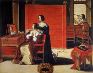 Pięć zmysłów: widok Młoda kobieta przed lustrem, podczas gdy mężczyzna używa astronomicznej lunety. Obraz Abrahama Bosse (1602-1676). XVII wiek. Wycieczki, Muzeum Sztuk Pięknych