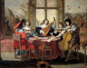 Pięć zmysłów: słuch Grupa szlacheckich ludzi zjednoczonych, by grać i śpiewać. Obraz Abrahama Bosse (1602-1676). XVII wiek. Wycieczki, Muzeum Sztuk Pięknych