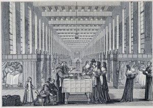 Widok wnętrza infirmerii Hôital de la Charite (zwanej również szpitalem Freres-de-Saint-Jean-de-Dieu), w Paryżu - Grawerowanie d
