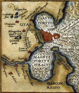 Starożytny port Syrakuzy na Sycylii po „Atlasie” Abrahama Orteliusa