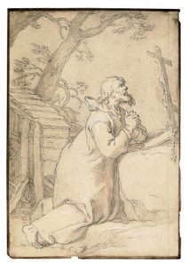 Św. Paweł z Phermy klęczący przed krucyfiksem (czarna kreda, długopis i brązowy atrament, brązowa płukanka) autorstwa Abraham Bloemaert
