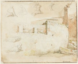 Studia ceglanego muru i kilku postaci widzianych od tyłu autorstwa Abraham Bloemaert
