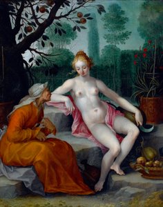 Vertumnus i Pomona (bóg pór roku przebiera się za staruszkę, aby dostać się do sadu nimfy) - Obraz Abrahama Bloemaerta (1566-1651), olej na miedzi, ok. 1605 - (Vertumnus i Pomona, pędzla Abrahama Bloemaert , olej na miedzi, c1605) autorstwa Abraham Bloemaert