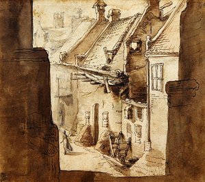 Widok z murów obronnych na alejkę (kreda, długopis i akwarela na papierze) autorstwa Abraham Bloemaert
