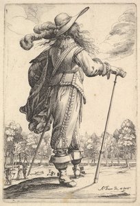 Pan widziany z tyłu, idący w prawo z laską i ubrany w pióropusz…, 1629. autorstwa Abraham Bosse