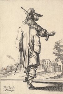 Pan widziany od tyłu, z wyciągniętą prawą ręką i płaszczem na lewej p..., 1629. autorstwa Abraham Bosse