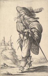 Pan idący w lewo i dobywający miecza z pochwy, ubrany w plu..., 1629. autorstwa Abraham Bosse