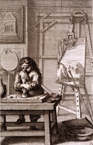Uczeń artysty czyszczący płytę do grawerowania, z „Recueil de Figures...”, 1737 autorstwa Abraham Bosse