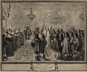 Ceremonia zawarcia umowy małżeńskiej między Władysławem IV królem polskim a Marią Ludwiką Gonzagą. autorstwa Abraham Bosse