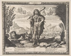 Wypowiedzenie wojny Hiszpanii przez Ludwika XIII: Król jako Herkules, ca. 1635. autorstwa Abraham Bosse