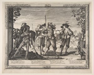 Gorący kociołek niesiony nowożeńcom, czyli rakieta, ok. godz. 1633. autorstwa Abraham Bosse